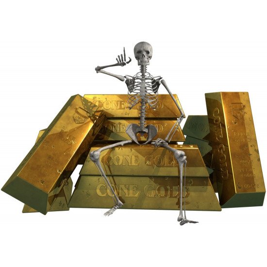 Funny Skeleton Sitting On Gold