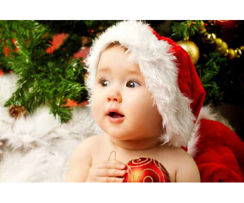 Child's Love -Christmas Baby Holding Red Ball