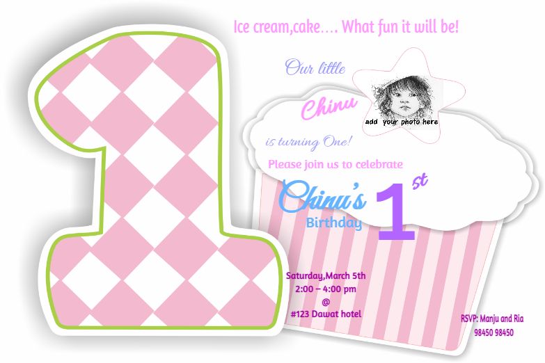 Pink Cupcake 1st Birthday Invitation Card