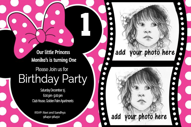 Two Photos Minnie Mouse Pink Birthday Invitation Card