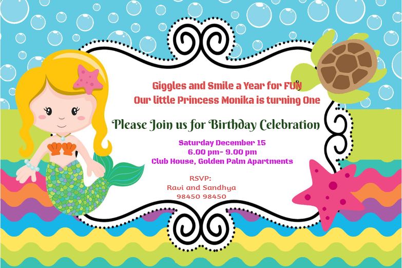 Little Mermaid Birthday Invitation Card